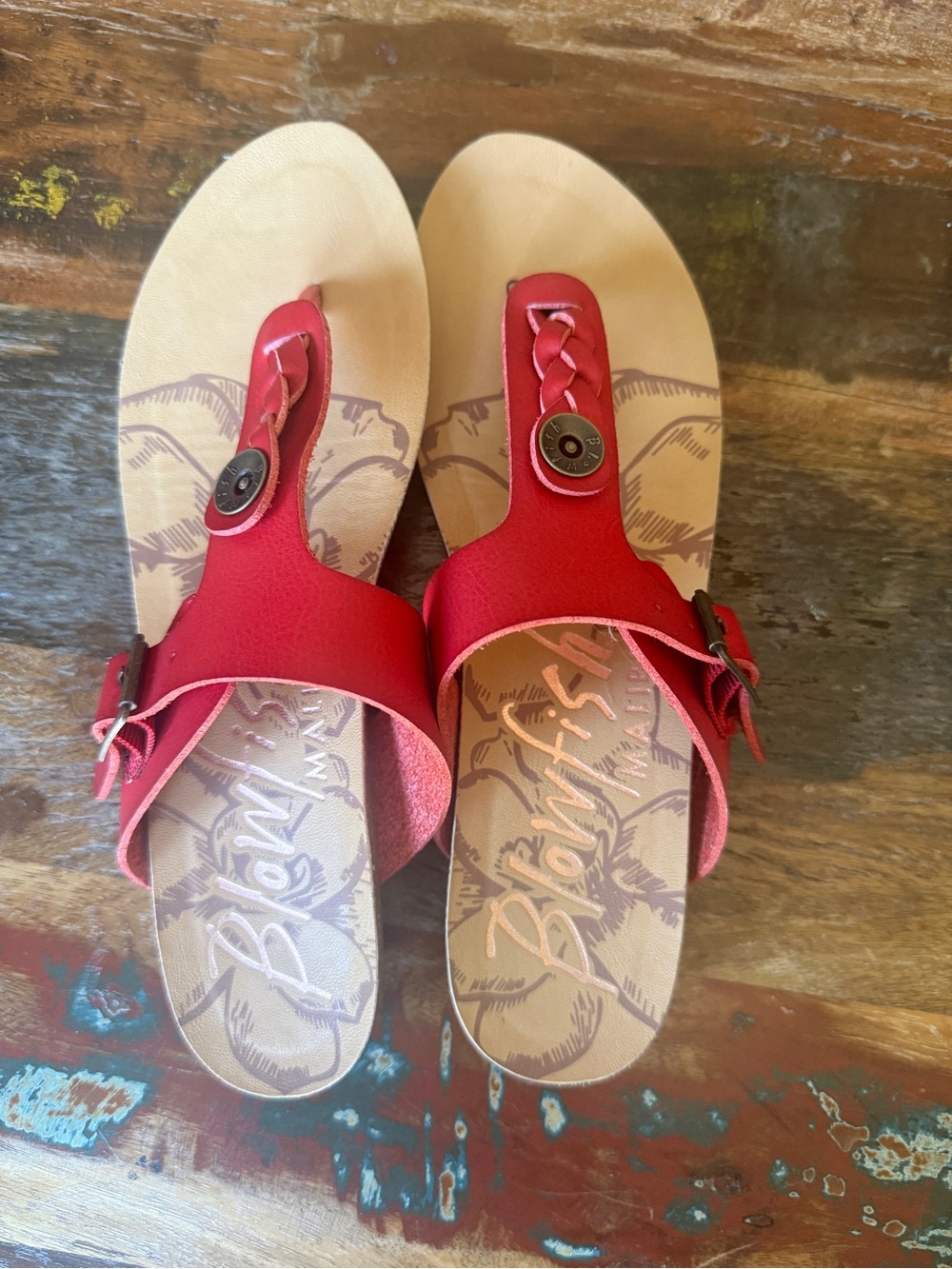 Braided Red Toe-Post Women’s Sandals with Buckle Accent